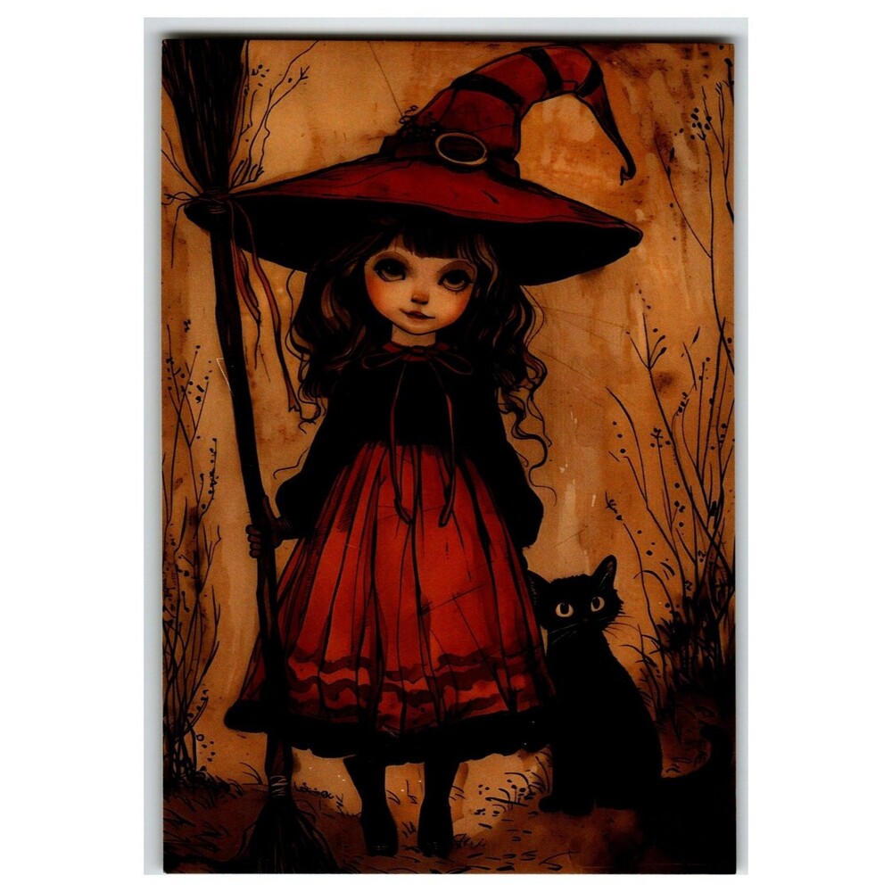 Whimsical Witch Black Cat Halloween Art Postcard Gothic Fantasy Decor